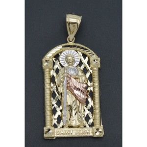 Real Solid 10K Tricolor Gold Saint Jude Medallion Diamond Cut Pendant 9.6gr